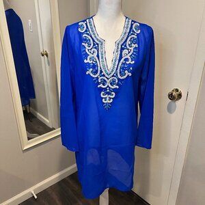 Club Z Collection Royal Blue beaded sheer cover up tunic, Size Medium